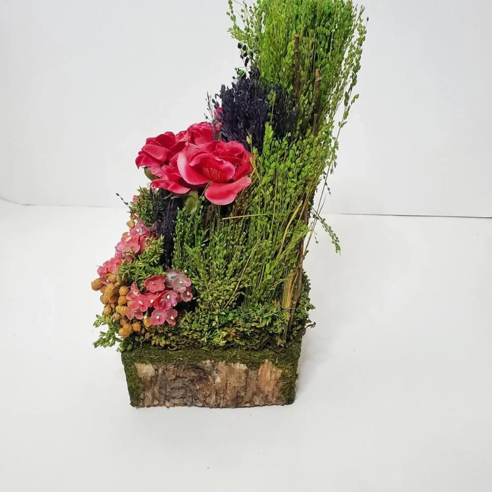 Faux Yellow Roses & Flowers in tree trunk arrangement (New without box)